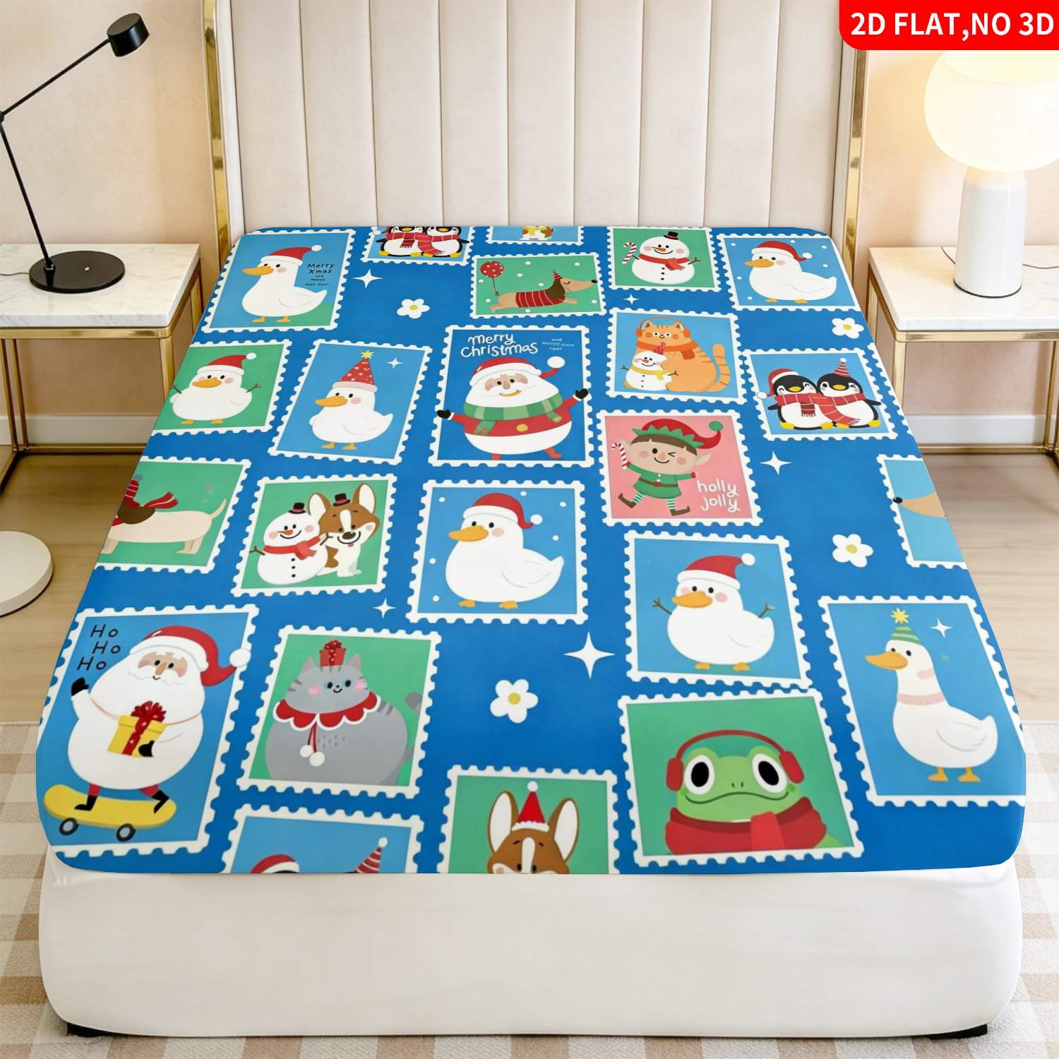 Baby Nursery Sets - Christmas Animal Stamp Pattern Blue Bedding